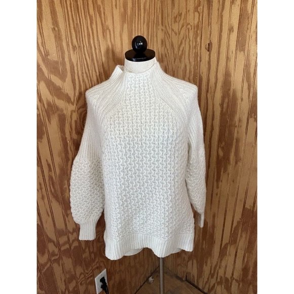 Anthropologie Sweaters - Anthropologie White Thick Knit Sweater High Neck Balloon Sleeve Size S